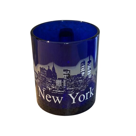Vintage New York Skyline Cobalt Blue Glass Coffee Mug Cup Twin Towers Souvenir - Picture 5 of 7